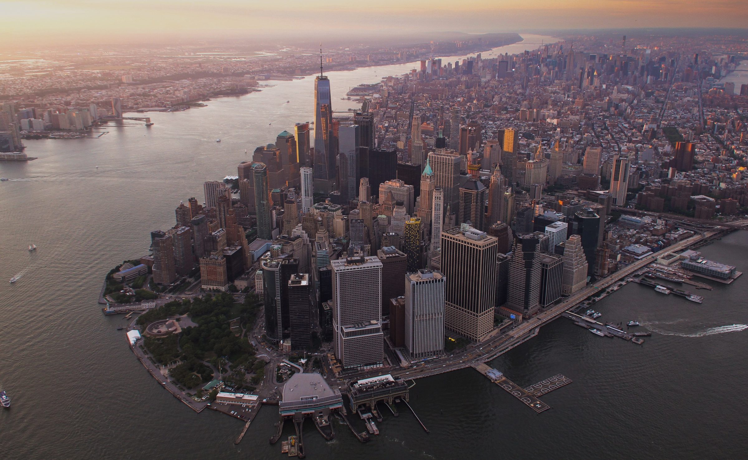 Aerial view of Lower Manhattan and the Financial District at dusk